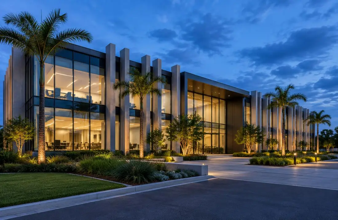 Contemporary two-storey commercial building at blue hour
