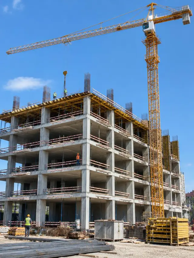 Concrete-frame building under construction with tower crane