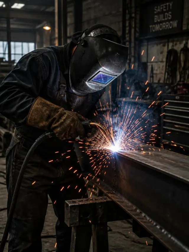 Welder fabricating a steel beam with sparks