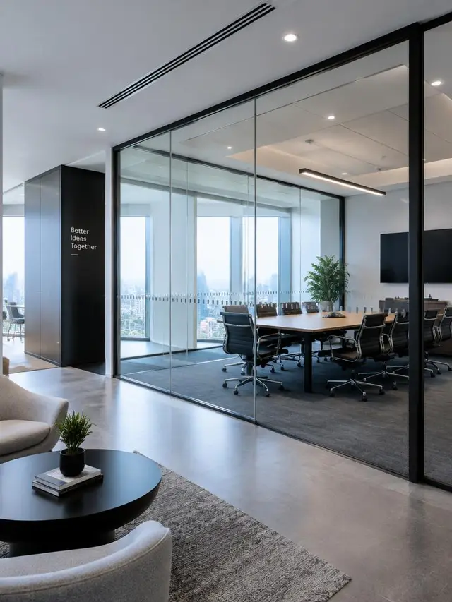 Modern corporate office with glass-partitioned meeting room