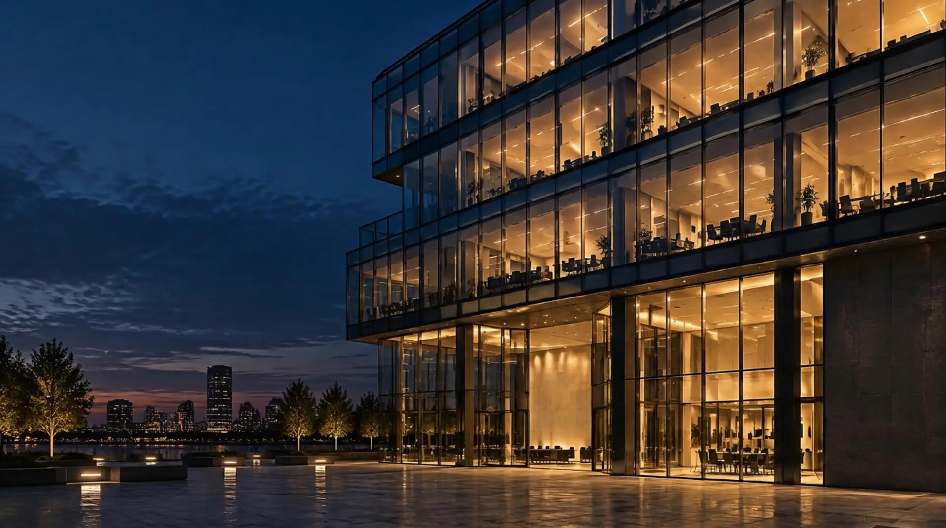 Modern glass office building lit warmly at dusk
