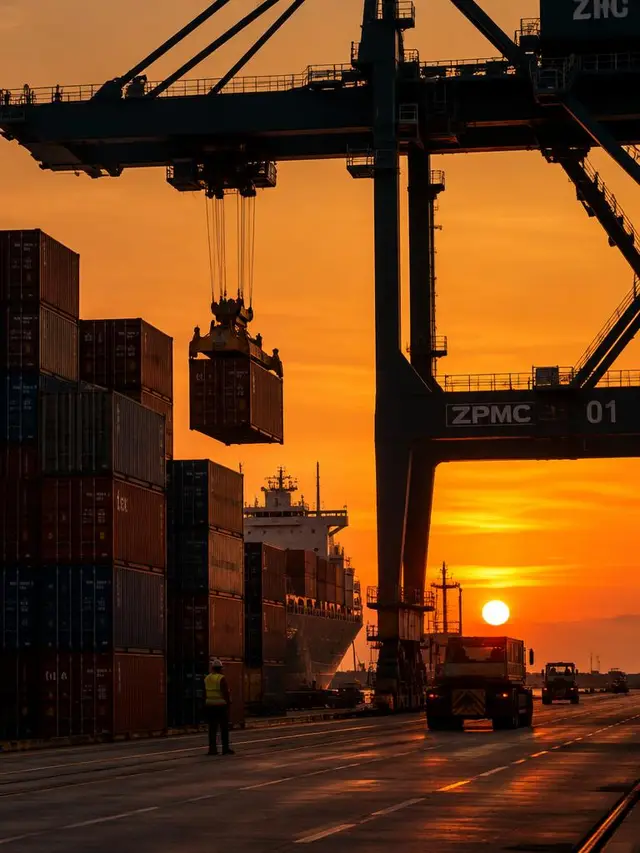 Container port with gantry crane at sunset
